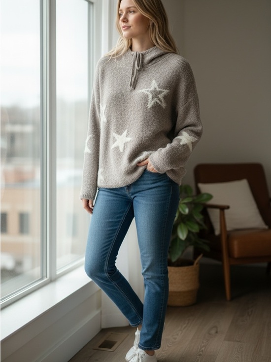 Hem & Thread Sweaters - Hem and Thread Taupe Star Hoodie Sweater